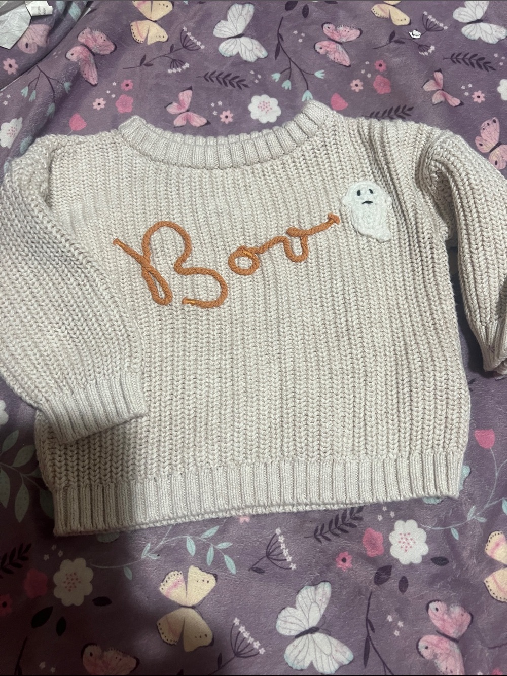Kids Cream Knit Sweater with Embroidered 'Boo' Detail
